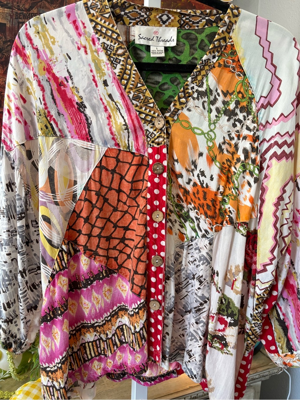 Sacred Threads Women's Multicolor Patchwork Button Up Size L - Picture 4 of 7